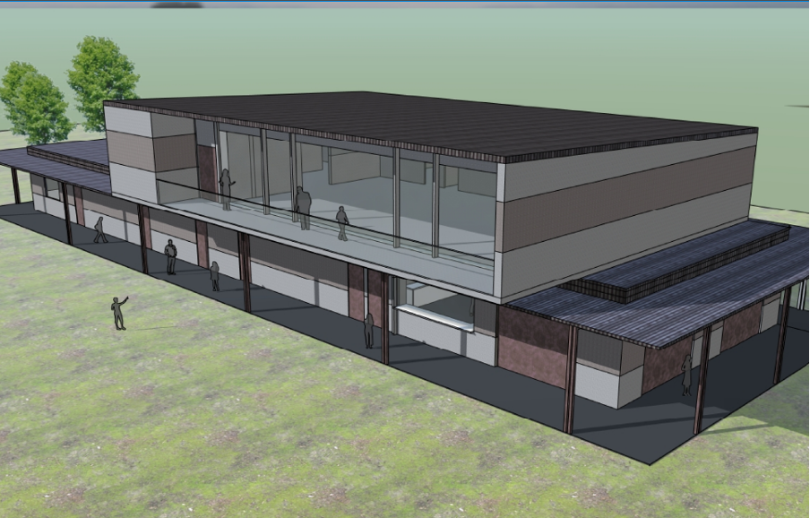 Redlands Rugby Union Club 3D architectural rendering of a two-story modern building with large windows, flat roofs, covered walkways, and several human figures for scale. Trees and grass are visible in the background.