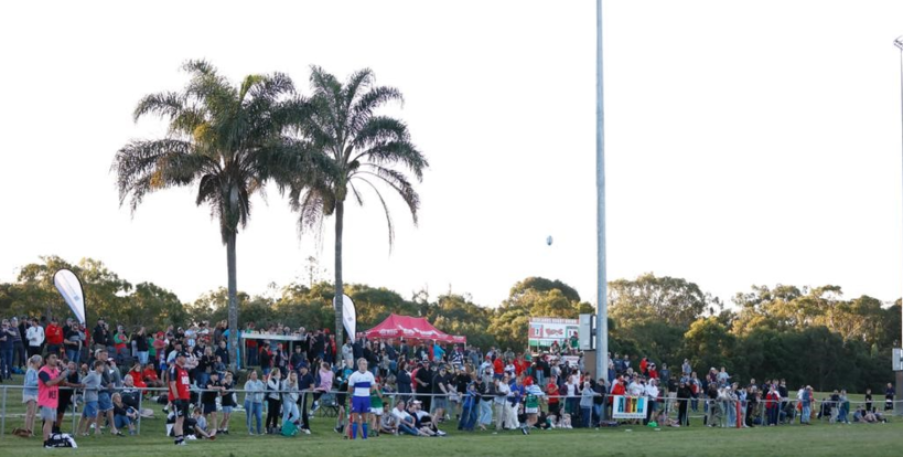 Redlands Rugby Union Club A crowd of people gathers beside a sports field with palm trees and a tall light pole in the background during daylight.