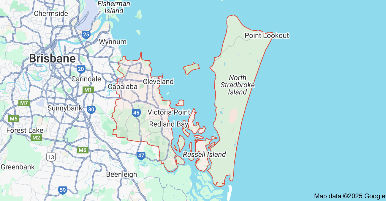 Redlands Rugby Union Club Map showing the area around Brisbane, including Cleveland, Redland Bay, Victoria Point, Russell Island, North Stradbroke Island, and major roads.